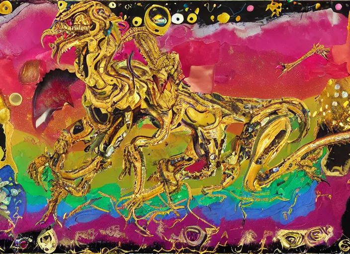 Image similar to expressionistic decollage painting golden armor alien zombie horseman riding on a crystal bone dragon broken rainbow diamond maggot horse in a blossoming meadow full of colorful mushrooms and golden foil toad blobs in a golden sunset, distant forest horizon, painted by Mark Rothko, Helen Frankenthaler, George Condo and Hilma af Klint, graffiti buff, pixel, glitch, semiabstract, color field painting, byzantine art, microsoft paint art, pop art look, naive, outsider art, very coherent symmetrical artwork. Bekinski painting, part by Philip Guston and Adrian Ghenie, art by Edward Robert Hughes, 8k, extreme detail, intricate detail, masterpiece