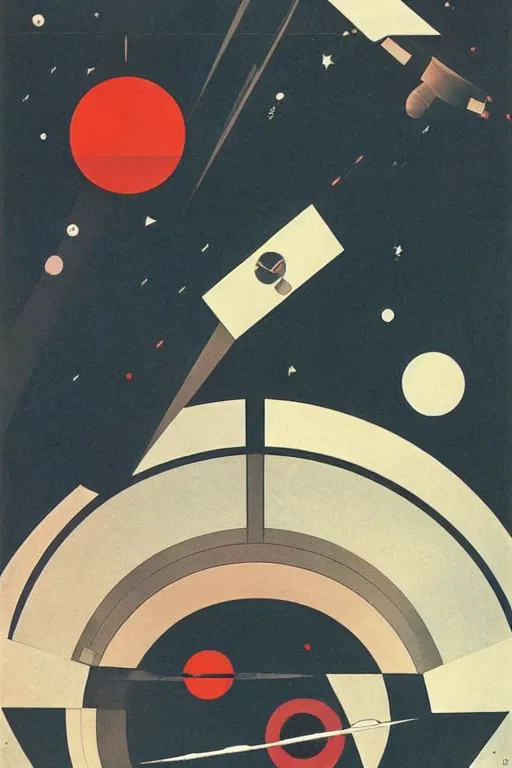 Prompt: a picture of a space station with a planet in the background, poster art by el lissitzky, behance contest winner, modular constructivism, constructivism, poster art, 1 9 7 0 s