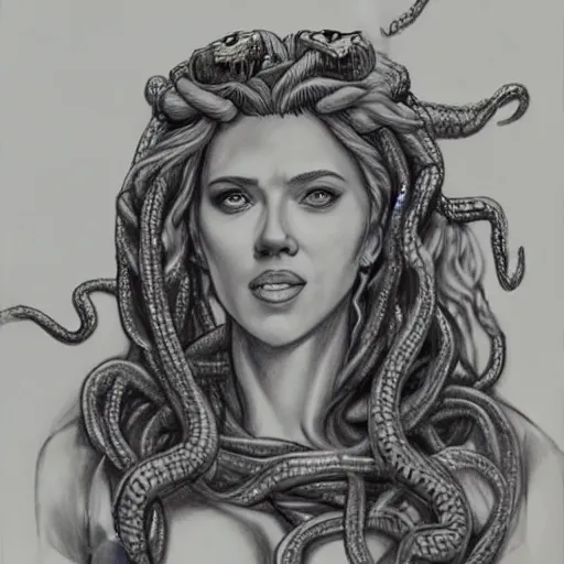 Image similar to pencil drawing of scarlett johansson as medusa wearing snakes in her head in the berserk manga, smiling expression showing fangs, big snakes heads, by kentaro miura