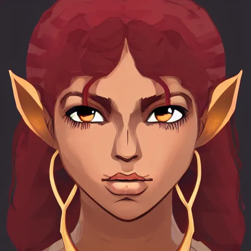 Prompt: dnd character illustration of a dark - skinned half - elf with messy red hair and golden eyes