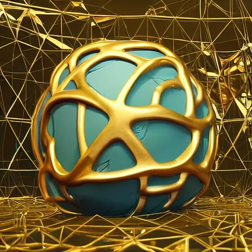 Prompt: abstract intertwining hyper detailed hardsurface modelled 3 d geometry, in the distance is a tarnished gold sphere, depth, wide angle, insanely detailed and intricate,, teal, gold, silver red, paradise hospital environment unreal engine