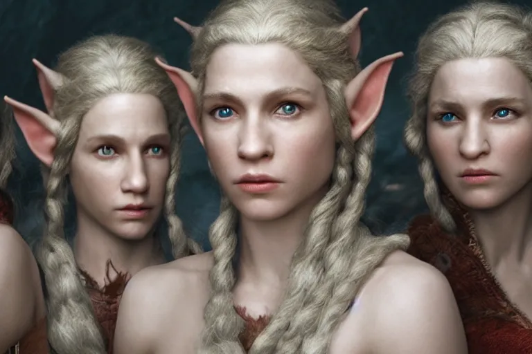 Image similar to a cinematic headshot portrait of three female elf warriors, 8 k, ultra realistic, dramatic lighting, mist, by annie leibovitz