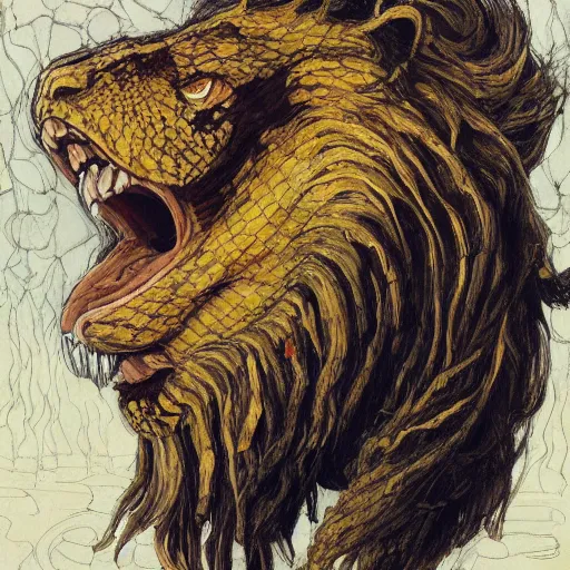 Image similar to a snake snake disguised as a lion head neck neck mane tall long viper national geographic tombow peter doig greg rutkowski lucian freud arsen savadov dan witz vik muniz