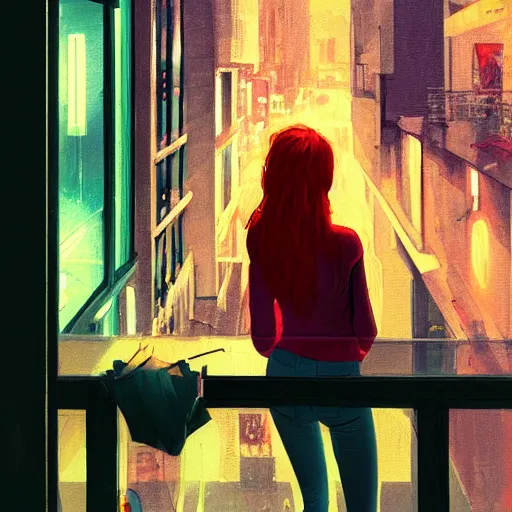 Image similar to a beautiful artwork of a woman with red hair in jeans and a white shirt smoking on the balcony of a hotel at night, top view, neon and rainy theme atmosphere by Jerome Opeña, featured on artstation