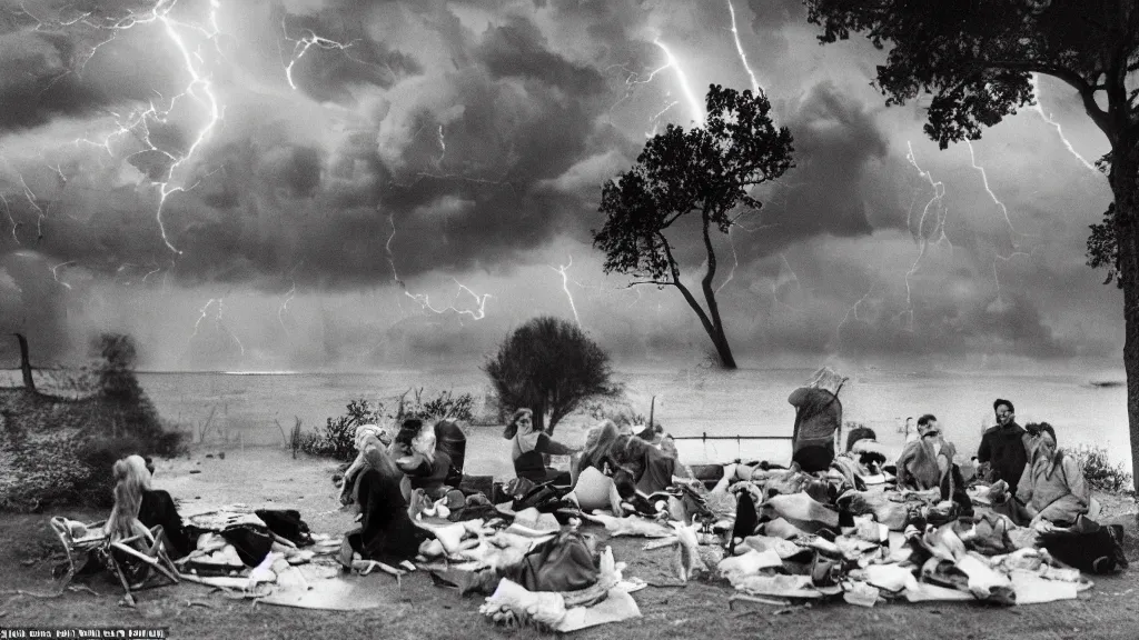 Image similar to a vision of climate change catastrophe, lightning, tornado, hurricane, hailstorm, gale-force winds, floods, as seen by a couple having picnic in a park, moody and dark large-format photography