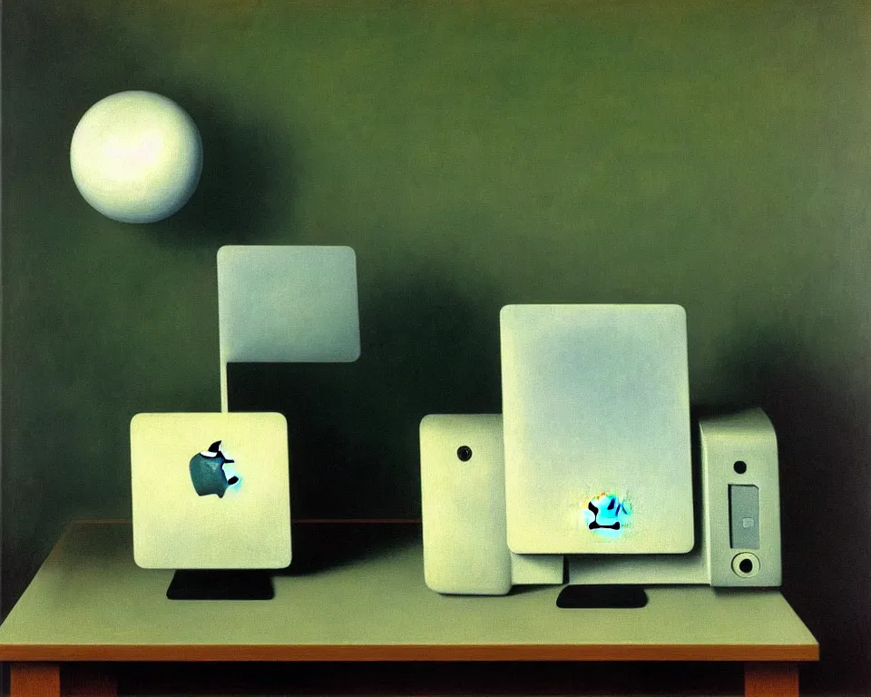Image similar to achingly very beautiful painting of a imac g 3 by rene magritte, monet, and turner. whimsical.