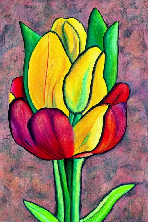 Prompt: a colorful painting of a side view of a tulip in with roots going deep into the ground in the stale of frida kahlo with the colors of mexico