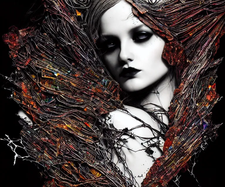 Image similar to stunning otherworldly gothic goddess of beauty, dark and mysterious, atmospheric, ominous, eerie, cinematic, epic, 8 k, 4 k, ultra detail, ultra realistic, rendered by awesomeness. nights falling wind is blowwing snow is pilling concept art in style of el anatsui and carne griffiths artwork by xsullo