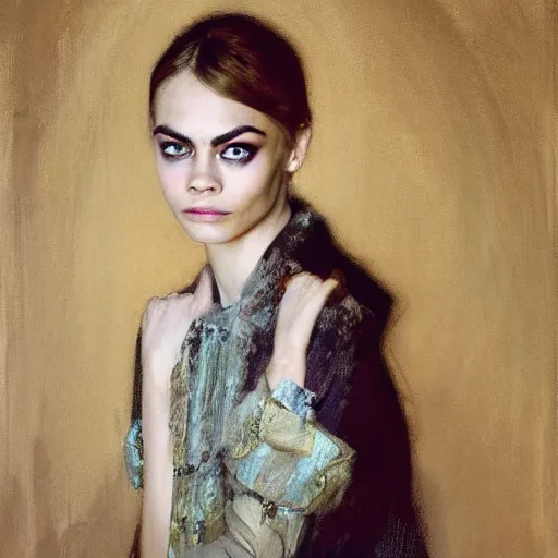 Prompt: portrait of cara delevingne by craig mullins, frank cadogan cowper, george clausen, henri raeburn, ilya kuvshinov, john singer sargent, john waterhouse, liang xing, norman rockwell, ruan jia, serge marshennikov, zinaida cerebriakova, tamara de lempika