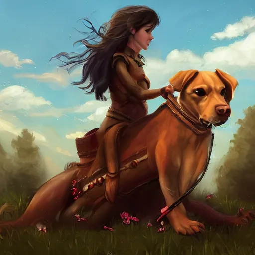 Image similar to a girl riding a giant dog, trending on artstation