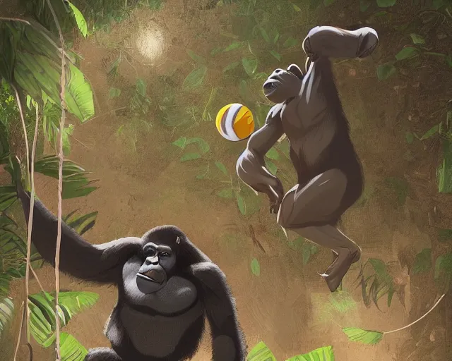 Image similar to a gorilla holding a volleyball and playing volleyball in a jungle, volleyball net, digital illustration, in the style of greg rutkowski, high detail