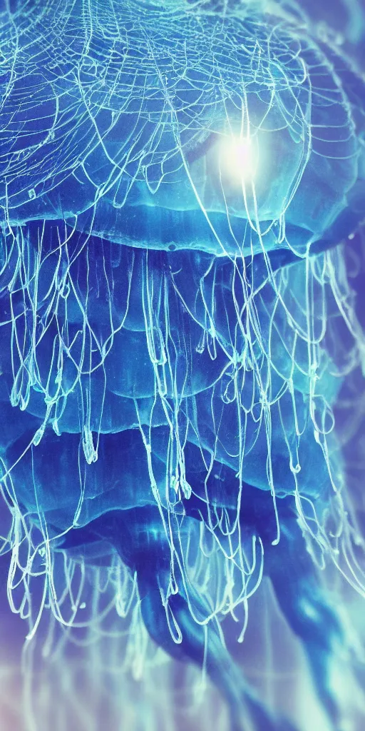 Prompt: at night, big blue jellyfish glowing in the night, very close detailed closeup, wonderful details, octane render, intricate, soft focus, film grain, blue tones, bokeh