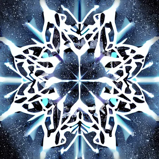 Image similar to pretty snowflakes morphing coalescing into a tiny centered face. artstation award cgsociety