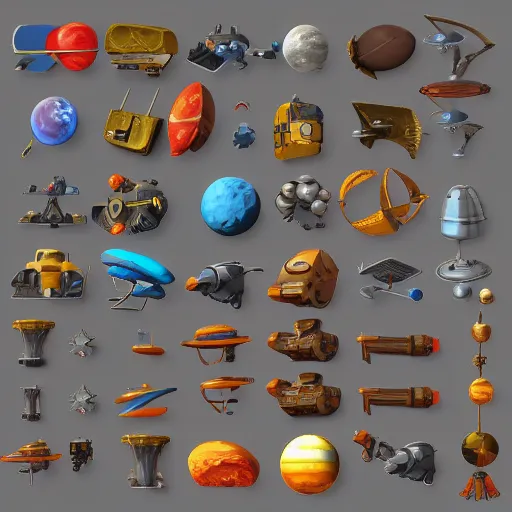 Prompt: props space game design pack. Assets item collection, 2.5d detailed stylized