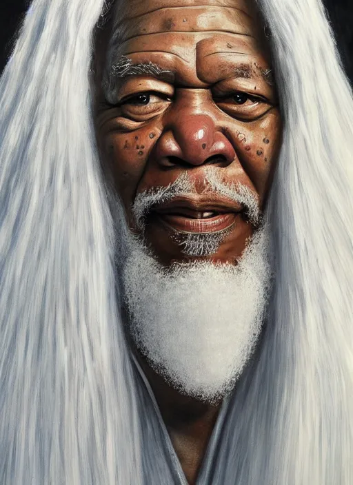 Image similar to portrait of morgan freeman as evil saurman the white, long white hair and white beard, long white robes, by alan lee, lord of the rings, smooth, oil painting, matte painting, concept art, trending on artstation, promotional artwork, film still, elegant, photorealistic facial features, intricate, detailed face, cinematic lighting