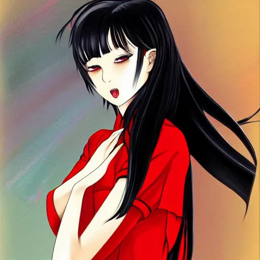 Image similar to a beautiful anime woman with long black hair, wearing a red cheongsam, full body art by Steve Argyle