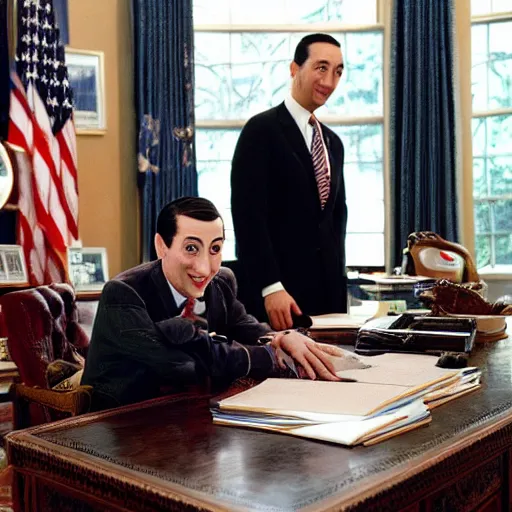 Image similar to pee wee herman on his first day as president of the united states, in the oval office with the vice president, extremely detailed, photograph by annie leibovitz