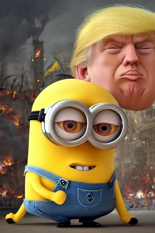 Image similar to trump as a minion, blond hair, riot background oil on canvas, intricate, portrait, 8 k highly professionally detailed, hdr, cgsociety