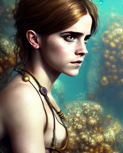 Image similar to underwater steampunk biopunk portrait of emma watson, au naturel, hyper detailed, digital art, trending in artstation, cinematic lighting, studio quality, smooth render, unreal engine 5 rendered, octane rendered, art style by klimt and nixeu and ian sprigger and wlop and krenz cushart.