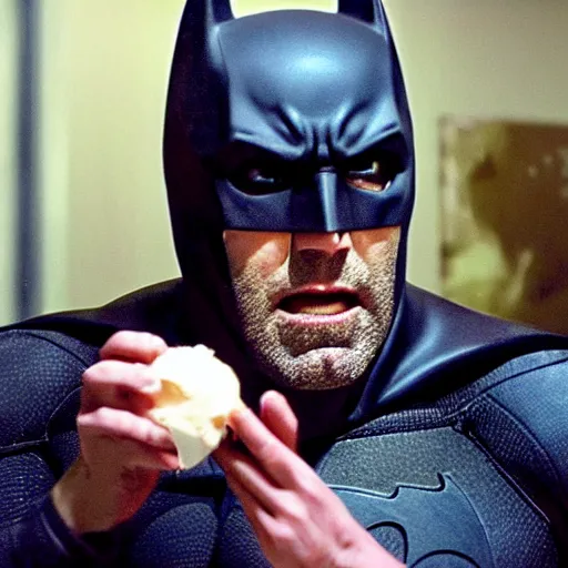 Image similar to A still of Ben Affleck's Batman smiling while eating an ice cream, 4k, ultra realistic, detailed, award winning