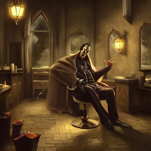 Image similar to dracula getting a haircut, digital art, highly detailed, epic composition, cinematic lightning