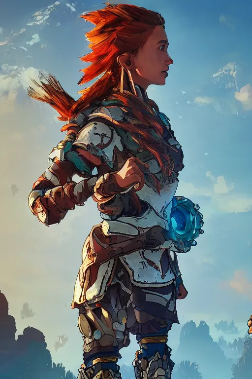 Image similar to combination suit armor aloy horizon forbidden west horizon zero dawn radiating a glowing aura global illumination ray tracing hdr fanart arstation by ian pesty and alena aenami artworks in 4 k tribal robot ninja mask helmet backpack