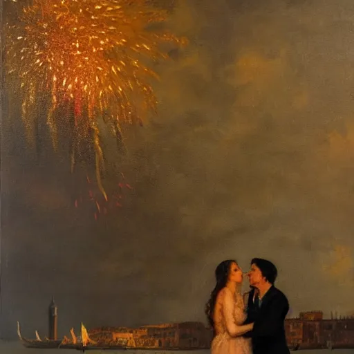 Image similar to an oil painting of couple kissing, in a background fireworks in venice