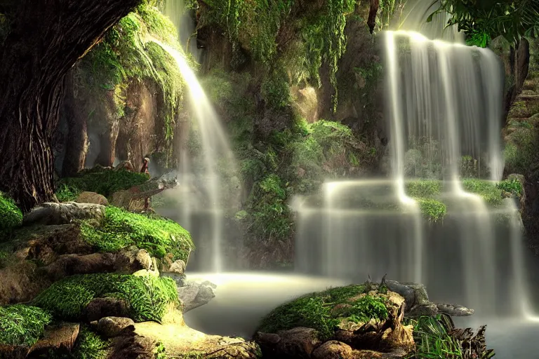 Prompt: An enchanted fantasy waterfall. Cinematic lighting. Photorealism.