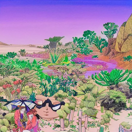 Image similar to a beautiful painting of a desert oasis paradise by hirohiko araki, detailed line art, jojos bizarre adventure