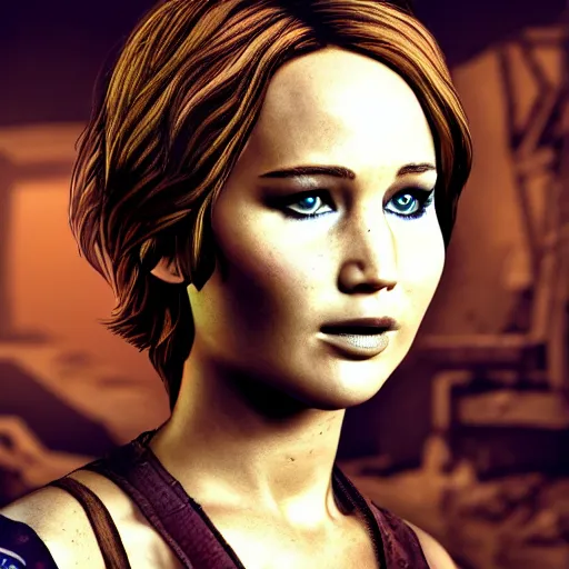 Image similar to jennifer lawrence portrait, borderlands, tales from the borderlands, the wolf among us, comic, cinematic lighting, studio quality, 8 k