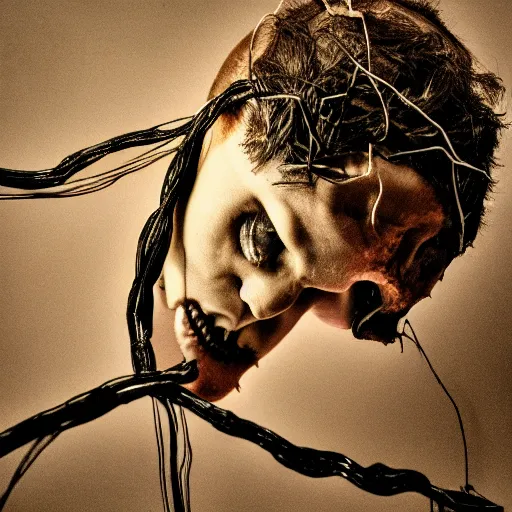 Image similar to a dark occult ritual of wires broken skulls skin and decay, moody, hyper realism, 8 k photo, atmospheric