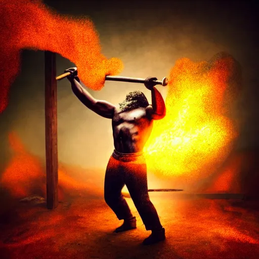 Prompt: a very strong blacksmith swinging his hammer he is made of psychedelic dust clouds dancing in the wind, hyper realistic, roaring fire, midday, realistic lighting, psychedelic dust, psychedelic dust, psychedelic dust, Very strong Blacksmith, photo realistic, 4k, particle reflections