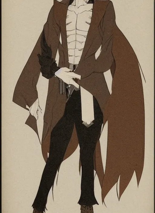 Image similar to half - body character portrait by tatsuki fujimoto of a handsome male vampire, sword holster, long black hair, light brown coat