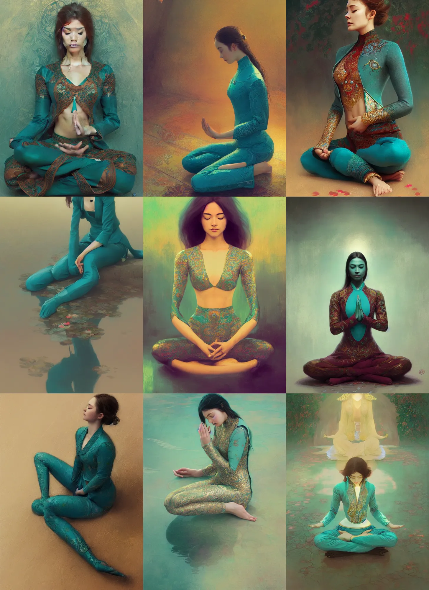 Prompt: girl meditating in lotus position, teal suit, intricate, elegant, highly detailed, artstation, sharp focus, illustration, ruan jia, mandy jurgens, rutkowski, mucha