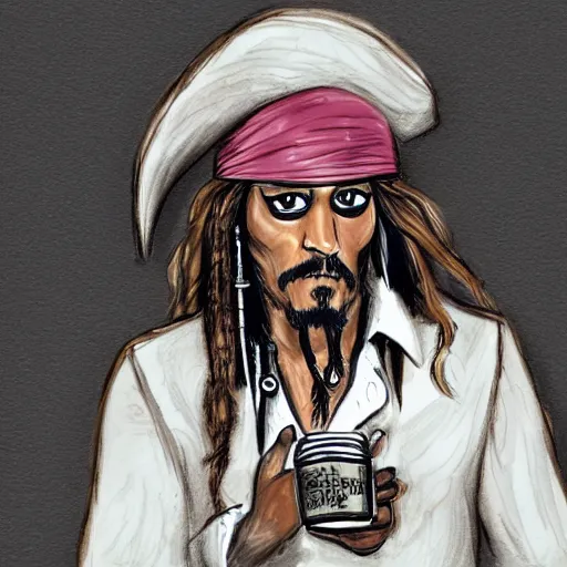 Prompt: Courtroom Sketch of Jack Sparrow on trial, holding a jar of scat in hand