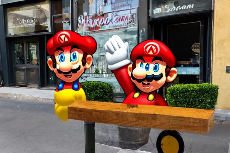 Prompt: An Italian restaurant using mario as it's mascot on the sign