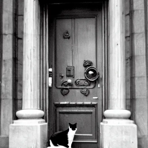 Prompt: detailed professional photographic portrait of Sigourney Weaver wearing a white singlet and her cat moving apartment New York City 1983, gothic building entrance way Art Deco. Giger, cinematic feel, high octane