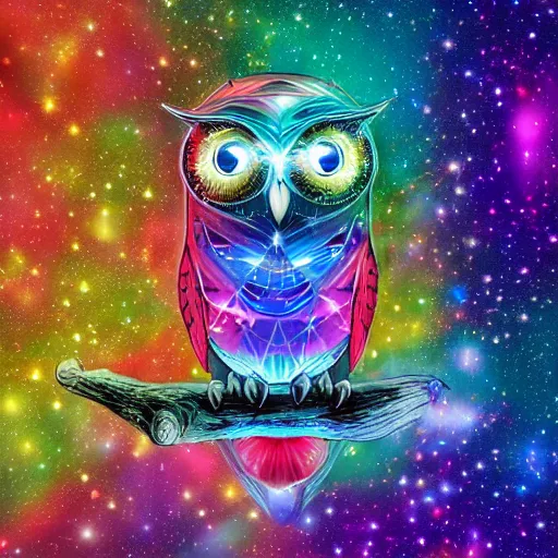 Prompt: rainbow cosmic sci fi owl