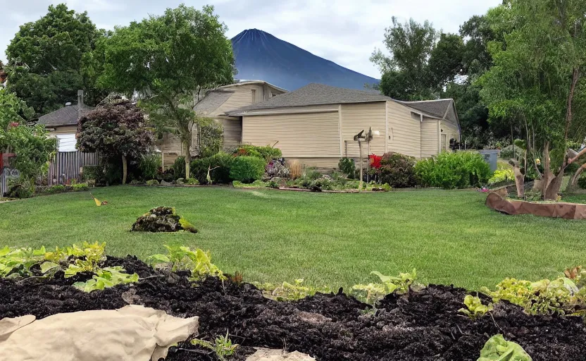 Image similar to suburban house and yard with small volcano erupting in the yard