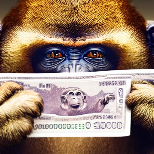 Photograph of a monkey holding money bills, 4k, highly | Stable Diffusion