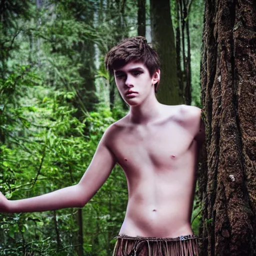 Image similar to a teenage boy, around 1 9 yo. looking sad. natural brown hair. loincloth, pale skin. detailed face. ominous and eerie looking forest i'm background. natural colors.