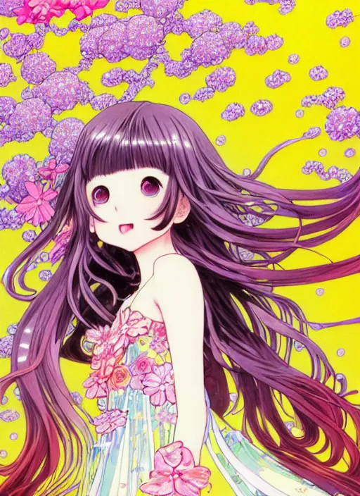 Prompt: exquisite imaginative manga poster art of a smiley girl, long wavy hair, stars, flowers, lolita dress, shimmering, by kojima ayami, shigenori soejima, minaba hideo, alphonse mucha, jump comics, shogakukan, art nouveau, illustration, artstation, highly detailed, 8 k, fluorescent, maximalist