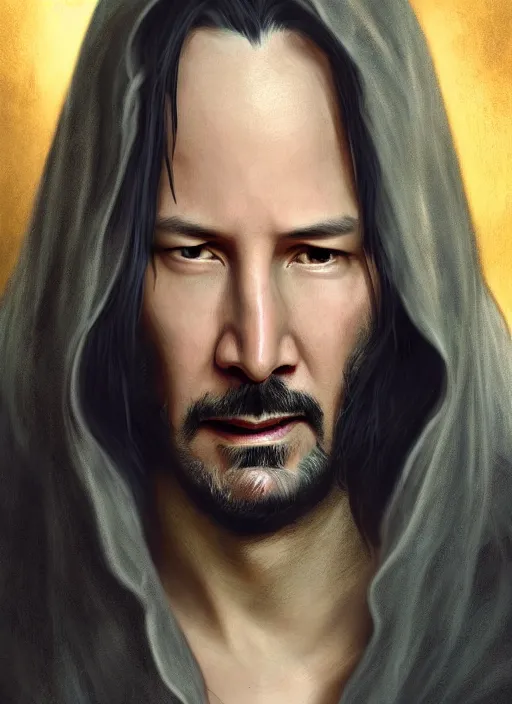 Image similar to Keanu Reeves, silver long hair, cloak, male, fantasy, extremely detailed, digital painting, artstation, concept art, smooth, sharp focus, illustration, stunning lighting, art by artgerm and greg rutkowski and alphonse mucha and simon stalenhag, realistic character concept, low fantasy, light atmosphere, golden ratio, cinematic lighting, hyperdetailed, high resolution, insanely detailed and intricate, artstation, Marc Simonetti, Greg Rutkowski, 8k