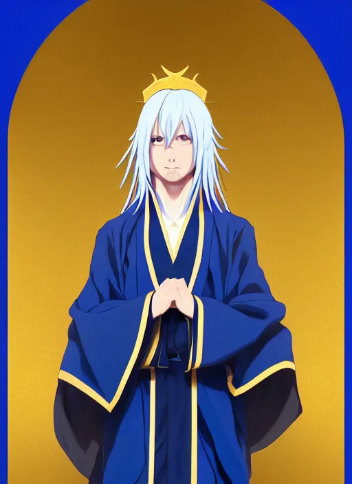 Image similar to card art portrait of a young man with long white hair wearing blue and golden robes, long white hair, blue and golden robes, detailed robes, intrincated design, makoto shinkai, anime character, very detailed, matte, tonemapping, bbwchan, perfection, 4 k, william - adolphe bouguereau