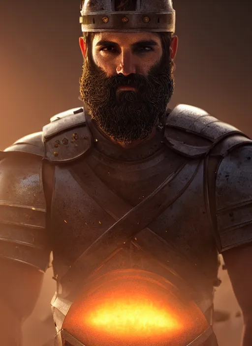 Image similar to portrait of a spartan hoplite hero, long dark hair and beard, perfect facial symmetry + dim volumetric lighting, 8k octane beautifully detailed render, post-processing, extremely hyperdetailed, intricate, epic composition, grim yet sparkling atmosphere, cinematic lighting + masterpiece, trending on artstation