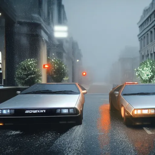 Image similar to hyperdetailed, photorealistic photograph of a dmc 1 2 delorean driving in the streets, rain, night, dense fog, hd, unreal engine 5