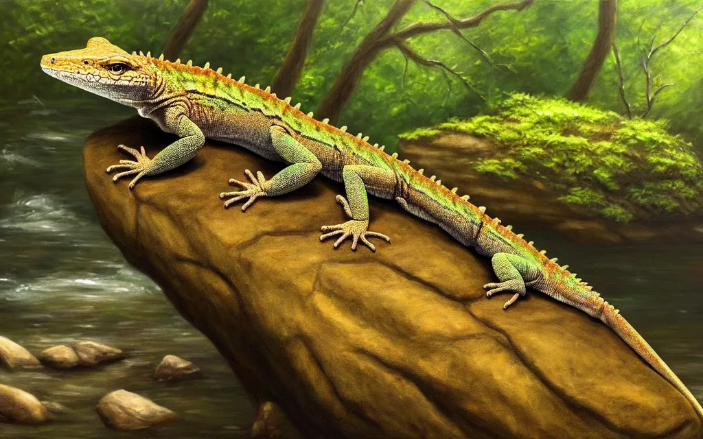 Prompt: A lizard sitting on a rock within a woodland creek, highly detailed, trending on pixiv, realistic oil paint artwork made in 2020.