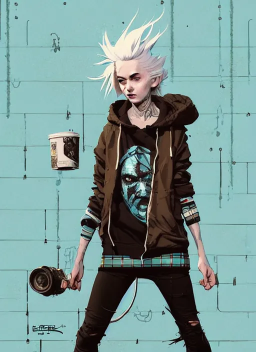 Image similar to highly detailed portrait of a sewer punk swedish lady, tartan hoody, white hair by atey ghailan, by greg rutkowski, by greg tocchini, by james gilleard, by joe fenton, by kaethe butcher, gradient light blue, brown, blonde cream and white color scheme, grunge aesthetic!!! ( ( graffiti tag wall background ) )