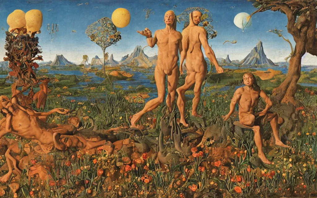 Image similar to a portrait photograph of a meditating satyr and a centaur monk riding a rocket machine and hunting at a river delta. surrounded by bulbous flowers and trees. mountain range under a blue sky of fiery stars. by jan van eyck, max ernst, ernst haeckel, ernst fuchs and artgerm, cgsociety, fashion editorial, 8 k