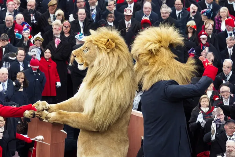 Image similar to photo of the usa presidential inauguration, a lion fursuiter being inaugurated as president